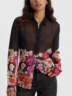 Express Black Sheer Floral Print Button-Up Blouse Top